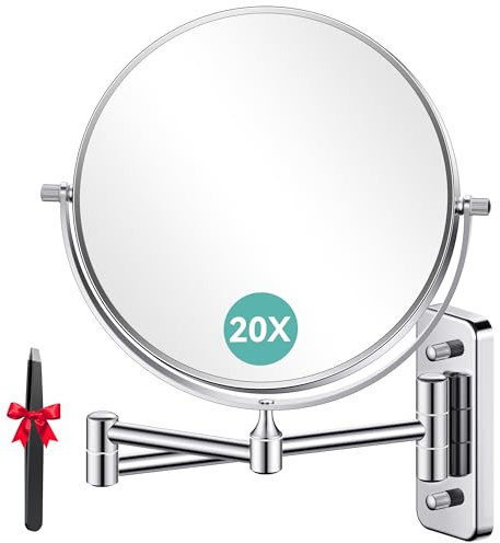Auxmir 1 x / 20 x wandmontierter Make-up-Spiegel, 20,3 cm Vergrößerung, doppelseitiger Spiegel, Badezimmer-Schminkspiegel, Kosmetikspiegel mit 360° drehbarem Schwenkarm, Chrom