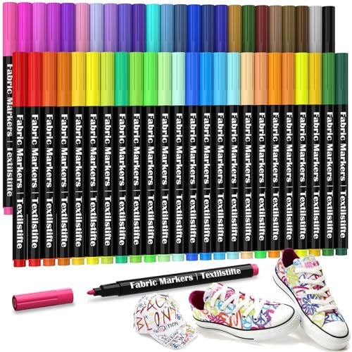 DAPAWIN 48 Textilstifte Waschmaschinenfest, Textilmarker Textilfarbe Waschfest, Permanente Stoffmalstifte für T-Shirts, Kleidung, Stoffbeutel, Lätzchen, Hut