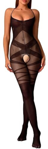 NewBull Combinaison Sexy Femme Bodystocking en Résille Transparente Nuisette Bodysuit Sans Entrejambe Body Vêtements de Nuit avec Rayure Croisés Lingerie Coquine Érotique Hot Noir