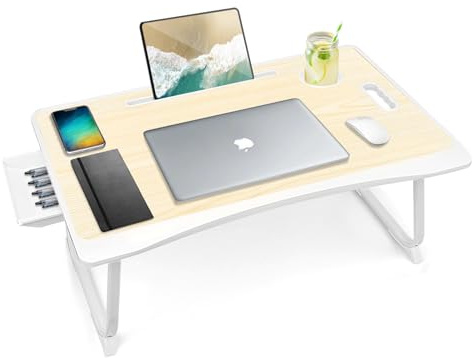 Amaredom Laptop-Betttisch mit Tablett, Betttisch, klappbarer tragbarer Schoß-Schreibtisch, Notebook-Ständer, Lese-Halter mit Aufbewahrungsschublade und Tassenhalter zum Essen von Frühstück auf Bett
