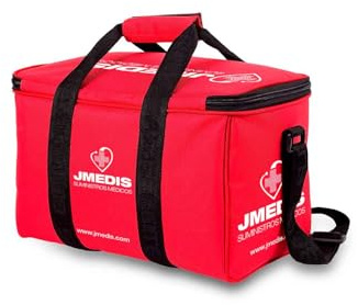 JMEDIS Botiquín Deportivo Completo, 24 Productos Esenciales, Bolsa Térmica Roja con Correa, Kit de Primeros Auxilios