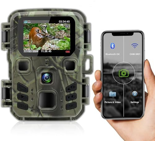 RecorCam Mini Fototrappola WiFi Bluetooth App 24MP 1296P, Fotocamera Caccia Notturna, Velocità di induzione di 0,2s, Fototrappole Impermeabile IP66