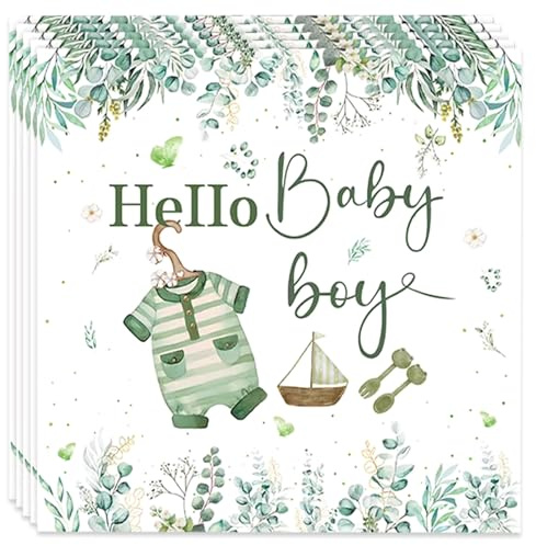 Ovanda 20 Stück Babyparty Deko Junge Servietten (33 x 33 cm), Hello Baby Boy Grüne Papierservietten, Salbeigrün Servietten,Baby Shower,Gender Reveal Party Dekoration Papierservietten,Taufe Tischdeko