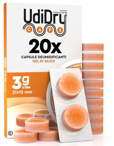 20 Capsule Deumidificanti per Apparecchi Acustici UdiDry Caps 3g (31mm) con Indicatore di Colore - Gel di Silice di Alta Qualità per Contenitori di Asciugatura
