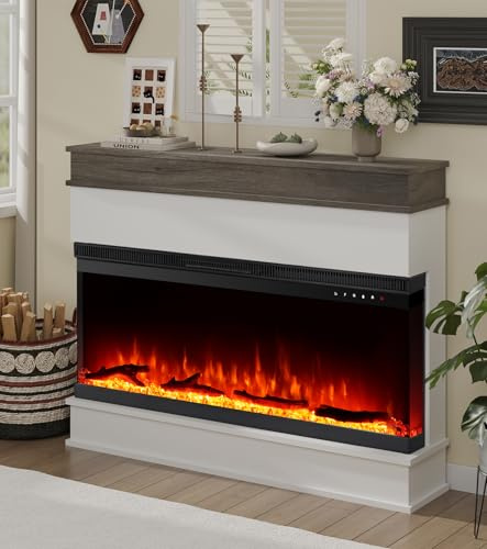 M.C.Haus 3-sided electric fireplace insert - Minimalist fireplace - 12 color flame effects - 1500/750 watt heater - Remote control - Wood & crystals (40, white)