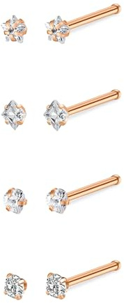 LAURITAMI 4 Stück Nasenpiercing Stecker Edelstahl 20G 22G Nasenpiercing Steck CZ Nasenstecker Nostril Piercing Damen Herren Silber Gold Nasen Piercing Nase