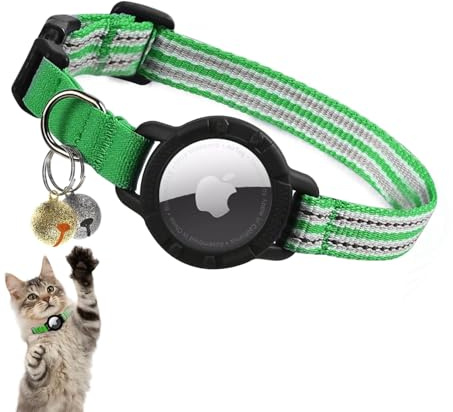 Airtag Katzenhalsband, Reflektierend Katzenhalsbänder mit Apple Air Tag Halter, Leichtes Elastisches Sicherheits Katzen Halsband, Halsband für Katzen Kätzchen und Welpen (Grün, S(9-13))