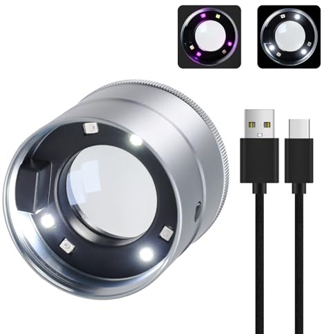 10X Vergrößerungslupe mit LED-Beleuchtung, USB-C aufladbar: Justierbare Juwelierlupe mit Messskala für Juweliere, Münzen, Uhrenreparatur, Lesen