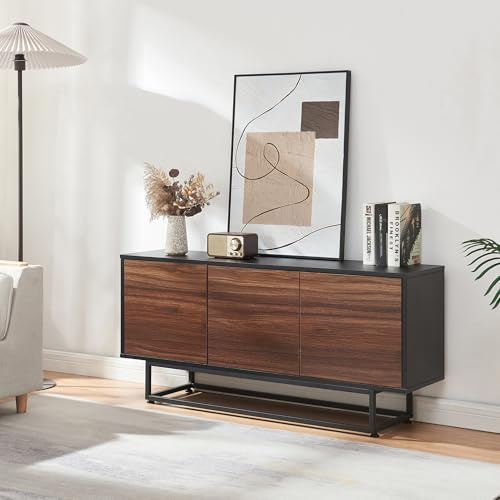 [en.casa] Aparador Boxholm para Salón Aparador Multiusos con 3 Compartimentos con Puertas Mueble Auxiliar para Oficina 120 x 30 x 55 cm - Negro/Efecto Nogal