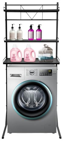 KAPIPALA Estantería de 3 niveles para lavadora, altura ajustable (35-64 pulgadas), estantería de acero para baño y lavandería, capacidad de carga de 30 kg, moderna estantería sobre lavadora para carga