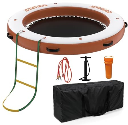 Lidzopas Inflatable Floating Dock, Round 8×8FT Raft, Heavy Duty PVC with Mesh Swim Area & Non-Slip EVA Deck, Equipped with Rope Ladder, Holds 4-7 Adults for Lake, Pool, Beach and Boat