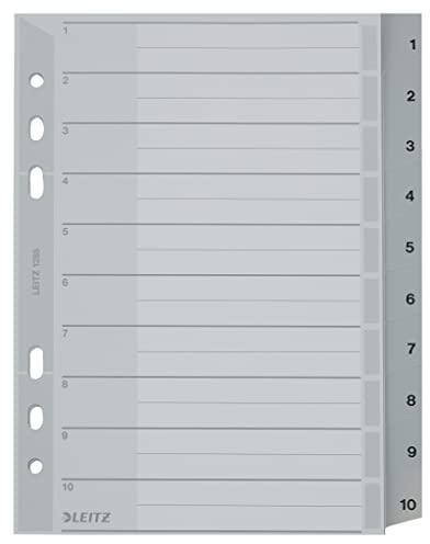 Leitz Register für A5, Deckblatt aus Karton und 10 Trennblätter aus Kunststoff, Taben mit Zahlenaufdruck 1-10, Grau, 12850000