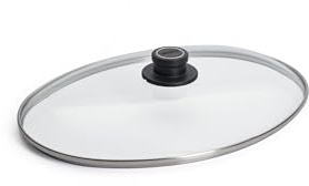 WOLL – Sicherheitsglasdeckel oval 38 x 28,4 cm, mit Entlüftungsknopf & Edelstahleinfassung – transparenter Glasdeckel für Bräter, Pfannen & Töpfe – backofenfest bis 250 °C