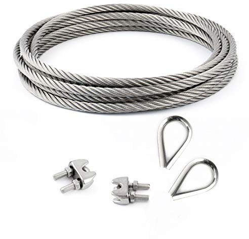 DQ-PP STAHLSEIL SET | 6mm | 10m | 2 x Seilklemmen Bügel 6mm | 2 x Kauschen 6mm | Edelstahl INOX | 7x7 mittelweich | Drahtseil für Rankhilfe Rostfrei Seil Stahl Draht Forstseil Windenseil