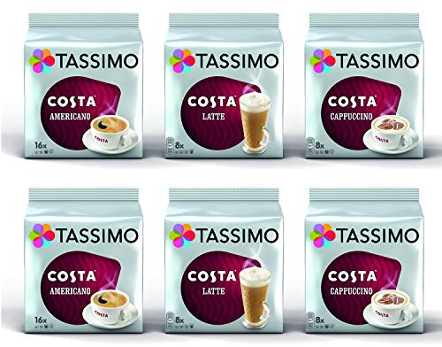 Tassimo Coffee Costa Selection - Costa Latte/Costa Cappuccino/Costa Americano Coffee Pods - 6 Packs (64 Drinks)