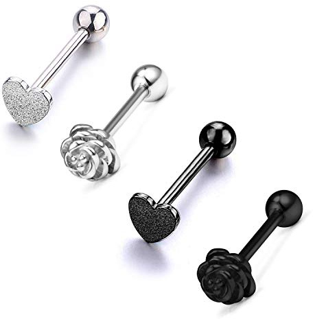 JFORYOU 14G Stainless Steel Tongue Rings Barbells Heart Shape Rose Shape Tongue Piercing Jewelry 16MM Length Bar silver and black pack