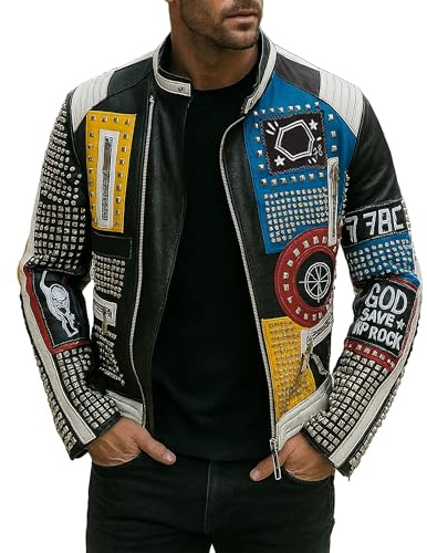 LP-FACON Mens Studded Punk Rock Leather Jacket Spikes Motorcycle Retro Multicolor Biker Outerwear