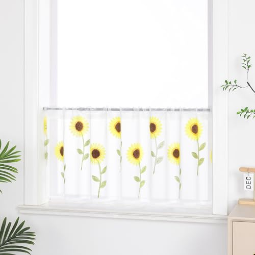 ESLIR Bestickte Küche Gardine, Scheibengardine Tunnelzug, HxB 30x90cm | Bistrogardine Landhaus, Kurzgardine Halbtransparent Leinen, 1 Stück