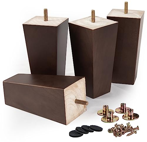 La Vane 6 inch / 15cm Solid Wood Furniture Legs Set of 4, Walnut Square Pyramid Replacement Feet for Couch Sofa Armchair - Mid-Century Modern with Pre-Drilled M8 Bolt & Metal Mounting Plates