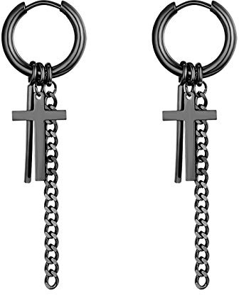 Flongo Damen Kreuz Ohrringe Herren Ohrstecker aus Edelstahl Gestüt Stecker Creolen Huggie Ohrhänger Silber Gold Schwarz mit hängend Kette Anhänger Gotik Frauen Männer