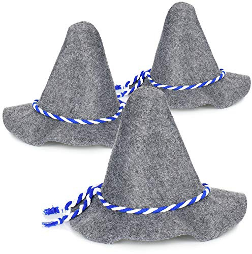 com-four® 3x Seppelhut Filz, Ø 42 x 34 cm traditioneller Filzhut für Oktoberfest, Karneval oder Fasching, großer Trachten-Hut aus Filz mit blau/weißer Kordel