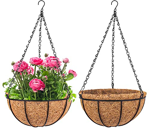Fun Lites 2 Pcs Metal Hanging Planter Basket with Coco Coir Liner 25 CM Round Wire Plant Holder Porch Decor Flower Pots Hanger Garden Decoration Watering Hanging Baskets for Indoor Outdoor