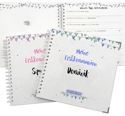 Feenstaub Gästebuch Kommunion, Konfirmation, personalisiert mit Fragen, 25x25 cm, Hardcover Ringbuch zum Ausfüllen, Erinnerungsbuch Kommunion, Firmung für Mädchen und Jungen