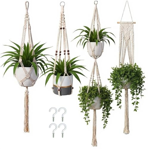 4 Pack Premium Macrame Plant Hangers Indoor Hanging Planter Set with Ceiling Hooks, Thick 100% Cotton Rope Hanging Plant Pot Holders for Boho Home, Patio & Garden Decor