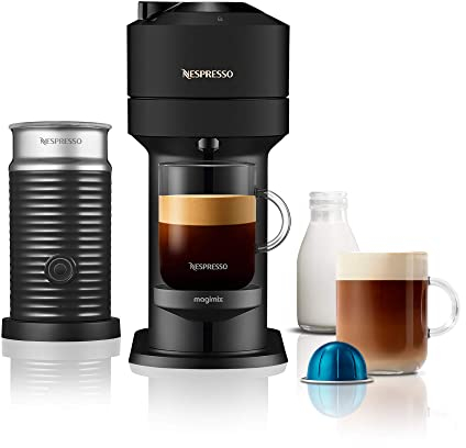 Nespresso Vertuo Next Coffee Machine by De'Longhi with Aeroccino Milk Frother, Over 30 Varieties of Pods, 6 Coffee Cup Sizes, Latte, Cappuccino, Starter Capsule Set Included, EN120.BMAE, Matte Black