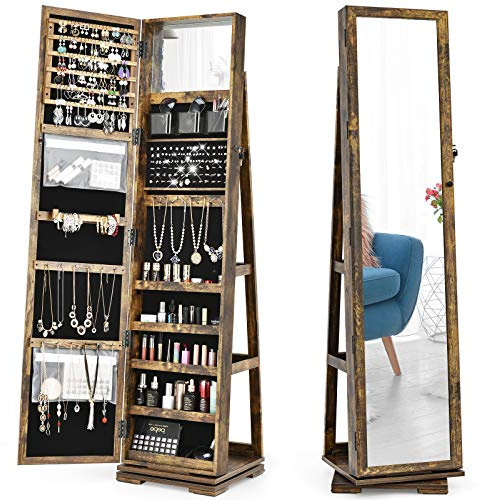 COSTWAY Armoire à Bijoux Pivotante à 360 Degrés, Organisateur de Bijoux sur Pieds, avec Grand Miroir Psyché et Etagère de Rangement à L’Arrière (Brun Rustique)