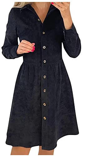 SumLeiter Damen Cordkleider Casual Kleider Swing Langarm Hemdkleid Einreiher Blusenkleid Elegant Longshirt Herbst Leinen Tunikakleider Minikleid Vintage Shirtkleid Winterkleid Lang A-Linien Kleid