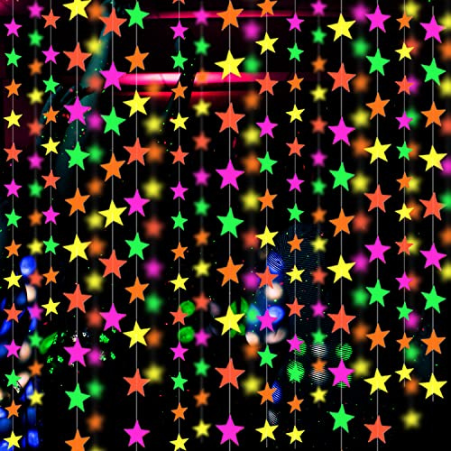 110feet UV Star Paper Neon Garland Streamers Black Light Decorations for Dark Glow Party UV Reactive Party Favors Glow in The Dark Supplies Wedding Birthday Banners