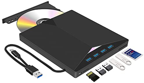 Lettore masterizzatore DVD/CD esterno, USB 3.0 e Type-C con lettore di schede SD/TF e USB, lettore DVD-ROM CD-ROM CD-RW VCD per Windows 7/8/10/ Vista/XP/Mac OS, Laptop, Desktops