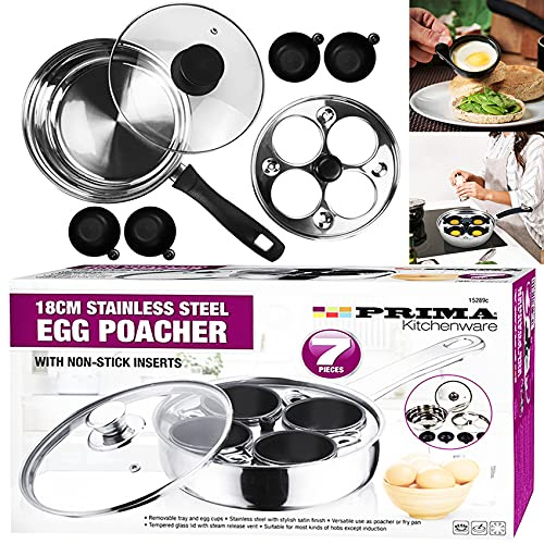 7 Pcs Prima 18cm Stainless Steel Egg Poacher | Boiler | S/S Saucepan | Cups | Frying Pan | Boiled | Poach | Glass LID | Non-Stick Inserts | 4 Hole | Home | Kitchen | Cooker | Steamer UK Free P&P