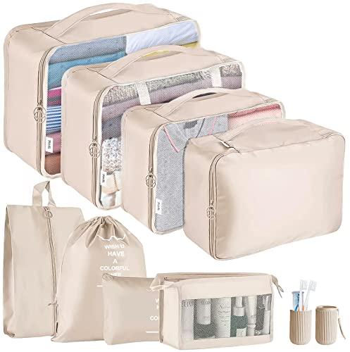 Jsdoin Koffer Organizer Set 9-Teilig Kofferorganizer Reisetasche travel Organizer Wasserdichte Packtaschen Rucksack Packing Cubes Kleidertaschen für Kleidung Unterwäsche Kosmetik (Beige)