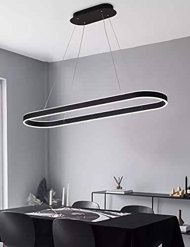 WJYCYN Dimmbar Oval LED-Kronleuchter Pendelleuchte moderner Esstisch Büro mit den Fernbedienung ring Hängelampe höhenverstellbar Blendfreesszimmer Arbeitszimmer Küche leuchte (Schwarz, L120cm 108W)