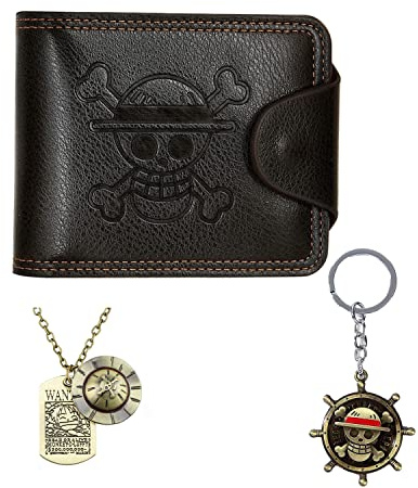 Bigemo 1 Stück Geldbörse Luffy Anime Geldbörse Strohhut Piraten Jolly Roger Anime Geldbörse mit 1 Stück Luffy Skelett Anhänger Halskette & Luffy Schlüsselanhänger für Männer Jungen Mädchen Frauen