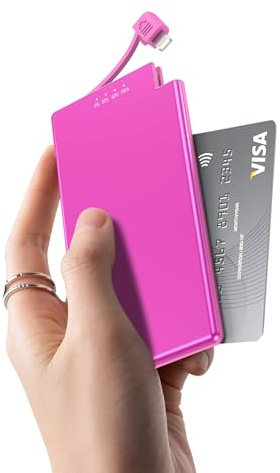 Auskang Powerbank 5000mAh Sottilissimo, batteria esterna Cavo per iPhone 14 e modelli precedenti, Non per 15/16 (USB-C), powerbank viaggio- Rosa
