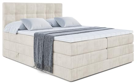 ALTDECOR Boxspringbett mit Matratze und Lattenrost, Topper, Polsterbett mit Bettkasten, Bett mit Stauraum H3- und H4- Matratze, Doppelbett, Springboxbett - Marce King - 180x200 - Beige Samt