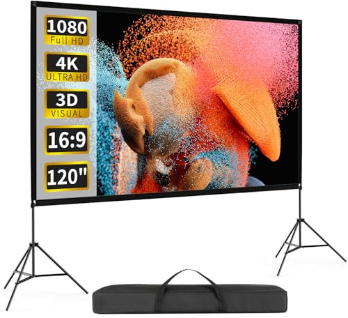 Pantalla de proyector con soporte de 120 pulgadas, pantalla de proyector portátil 4K HD 16:9 para interiores y exteriores, pantalla plegable sin arrugas, pantalla de proyección frontal trasera de 160°