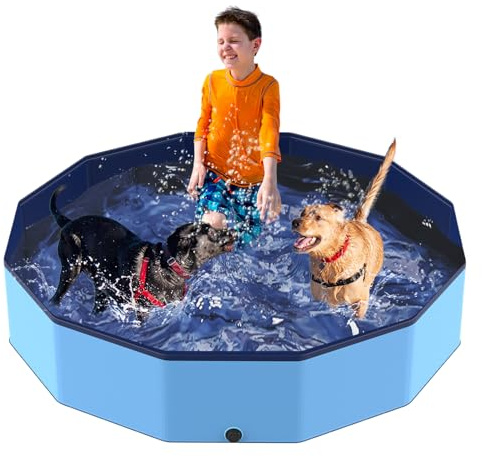 Foldable Pool for Dog and Kids 57 Washing Portable Plastic Tub for Large Dog, Non-Slip Collapsible Kiddie Swimming Wading Pool for Toddler Age 3-5 Outdoor Backyard