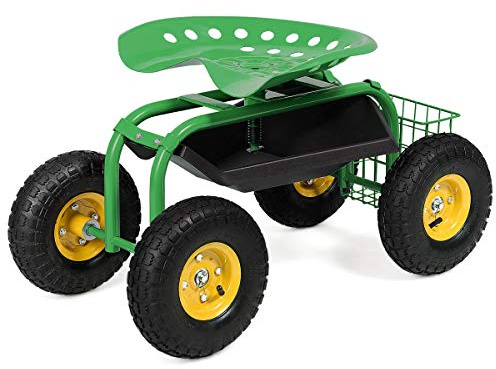 COSTWAY Siège de Jardin Roulant Réglable en Hauteur (Vert) | Chariot de Jardinage avec Siège Pivotant à 360° Plateau Panier de Rangement Coussin Charge 150KG pour Pelouse et Atelier