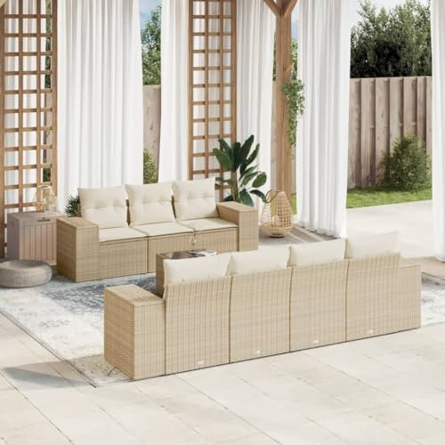 Rantry 8-TLG. Gartenmöbel Set mit Kissen Gartensofa Balkonmöbel Gartenlounge Balkonsofa Loungesofa mit Gartentisch Ecklounge Ecksofa Sitzgruppe Loungemöbel Beige Poly Rattan