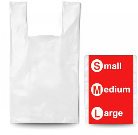100 White Plastic Carrier Bags – Vest-Style Plastic Bags with Handles for Groceries, Boutique Markets & Takeaways 13 x 19 x 23 Inch (Large)
