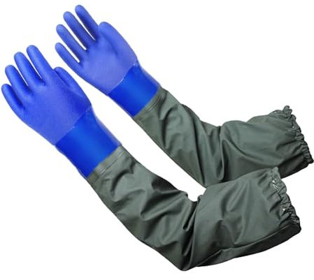 YONG-SHENG Extra Long Waterproof Pond Gloves, Full Arm Waterproof Rubber Sleeve Gloves for Cleaning, Gardening, Fishing, 70cm (Gauze, Blue)