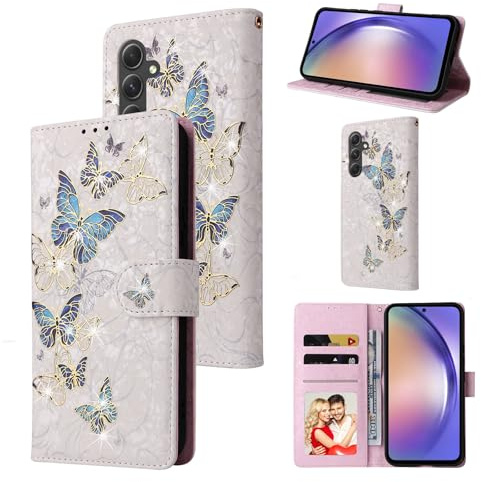 UEEBAI Wallet Case for Samsung Galaxy S25 5G, PU Leather Phone Case Kickstand RFID Blocking Flip Case Card Slots Wrist Strap Relief Engraved Pattern Magnetic Closure Folio Case - Blue Butterfly