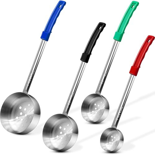 Stainless Steel Perforated Portion Control Ladle Spoon - Pizza Sauce Serving Spoons Portion Ladle for Sauces, Perfect for Weight Watchers, Buffets, Parties，2 oz 4oz 6oz 8oz Color Handles Spoodle
