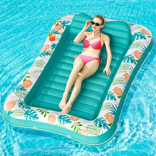 Inflatable Tanning Pool Lounger Float, Stonful 75 x 51 Pool Floats Adult with Pillow & Cup Holder, 4 in 1 Water Filled Inflatable Sun Tan Tub Tanning Bed for Swimming Pool Backyard Beach (Green-L)