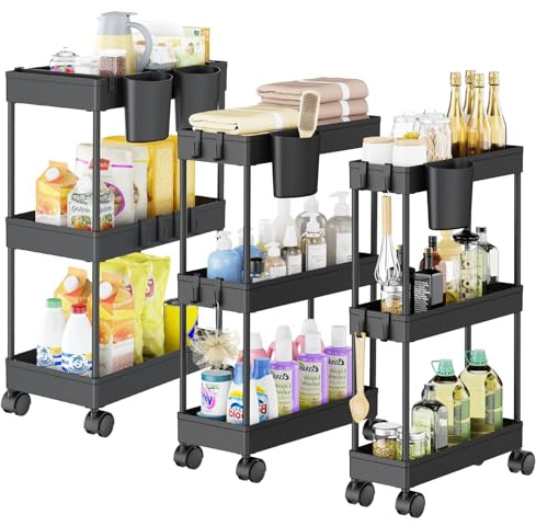 Shrivee 3PCS 3 Ebenen Aufbewahrungswagen mit Rollen, Platzsparender Mobiler Schmaler Badezimmerwagen, Minimalistisch allzweckwagen für Bad & Küche, Schwarz