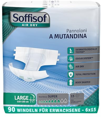 Soffisof Air Dry Windeln für Erwachsene Super L - 90x Inkontinenz Windelslip - 6 Packungen mit 15 Windelhosen, 8 Tropfen - Erwachsenen Windel